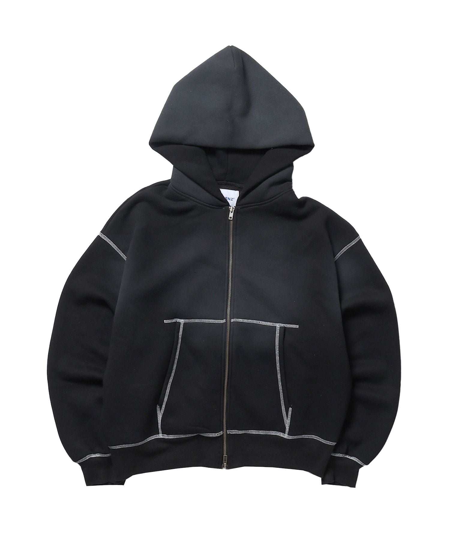 【SEQUENZ(シークエンズ)】ONI-FADE BOXY ZIP HOODIE / 短丈 フェード オーバーサイズ ヴィンテージライク ステッチ 裏起毛 ブラック