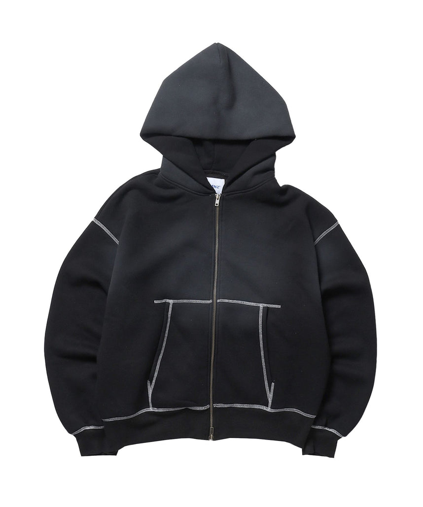 【SEQUENZ(シークエンズ)】ONI-FADE BOXY ZIP HOODIE / 短丈 フェード オーバーサイズ ヴィンテージライク ステッチ 裏起毛 ブラック