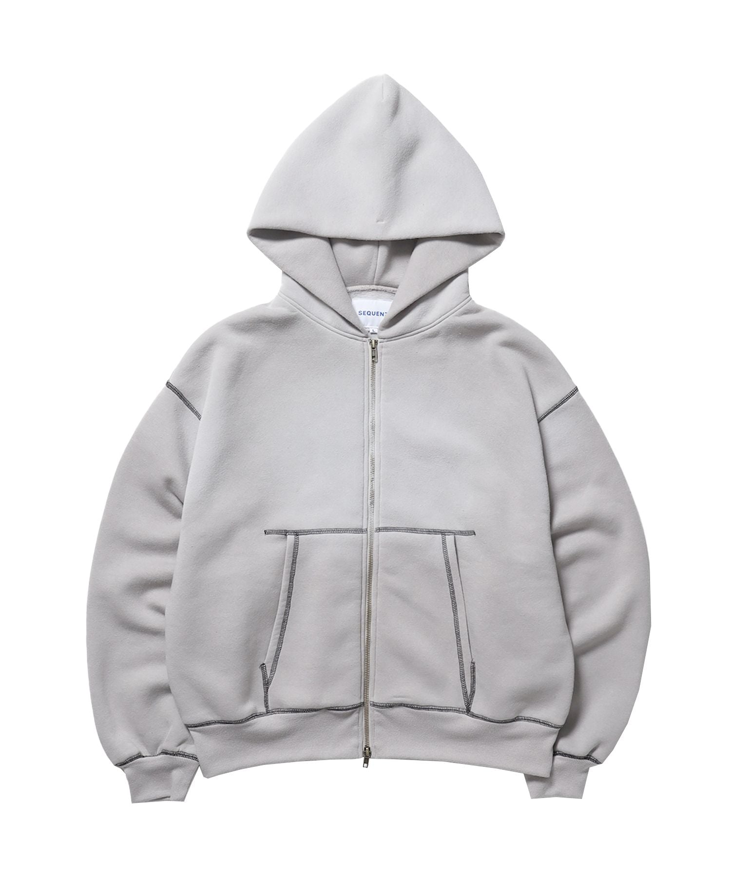 【SEQUENZ(シークエンズ)】ONI-FADE BOXY ZIP HOODIE / 短丈 フェード オーバーサイズ ヴィンテージライク ステッチ 裏起毛 ライトグレー