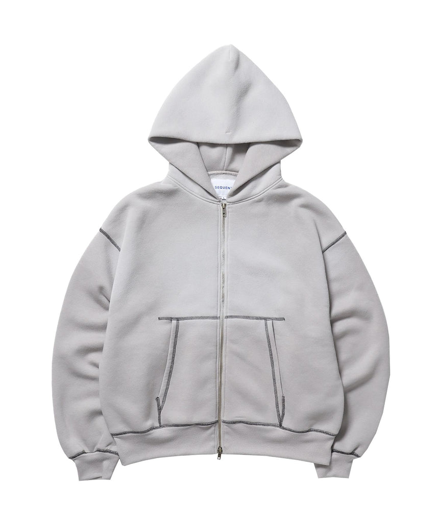 【SEQUENZ(シークエンズ)】ONI-FADE BOXY ZIP HOODIE / 短丈 フェード オーバーサイズ ヴィンテージライク ステッチ 裏起毛 ライトグレー