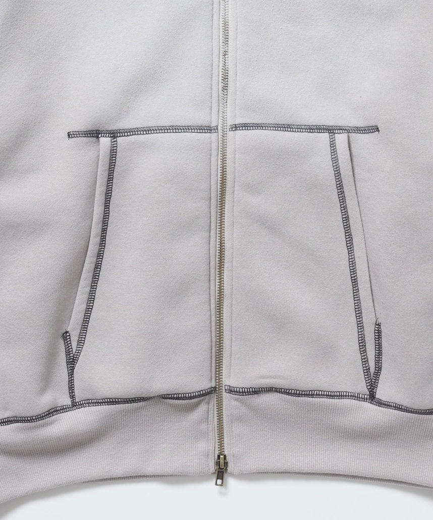 ONI-FADE BOXY ZIP HOODIE / 短丈 フェード オーバーサイズ ヴィンテージライク ステッチ 裏起毛 ライトグレー ≪SET UP着用可能≫