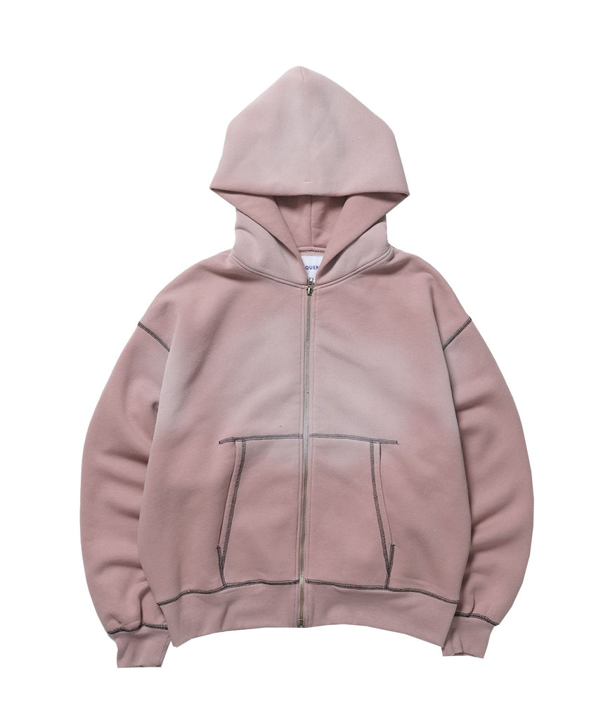 【SEQUENZ(シークエンズ)】ONI-FADE BOXY ZIP HOODIE / 短丈 フェード オーバーサイズ ヴィンテージライク ステッチ 裏起毛 ピンク