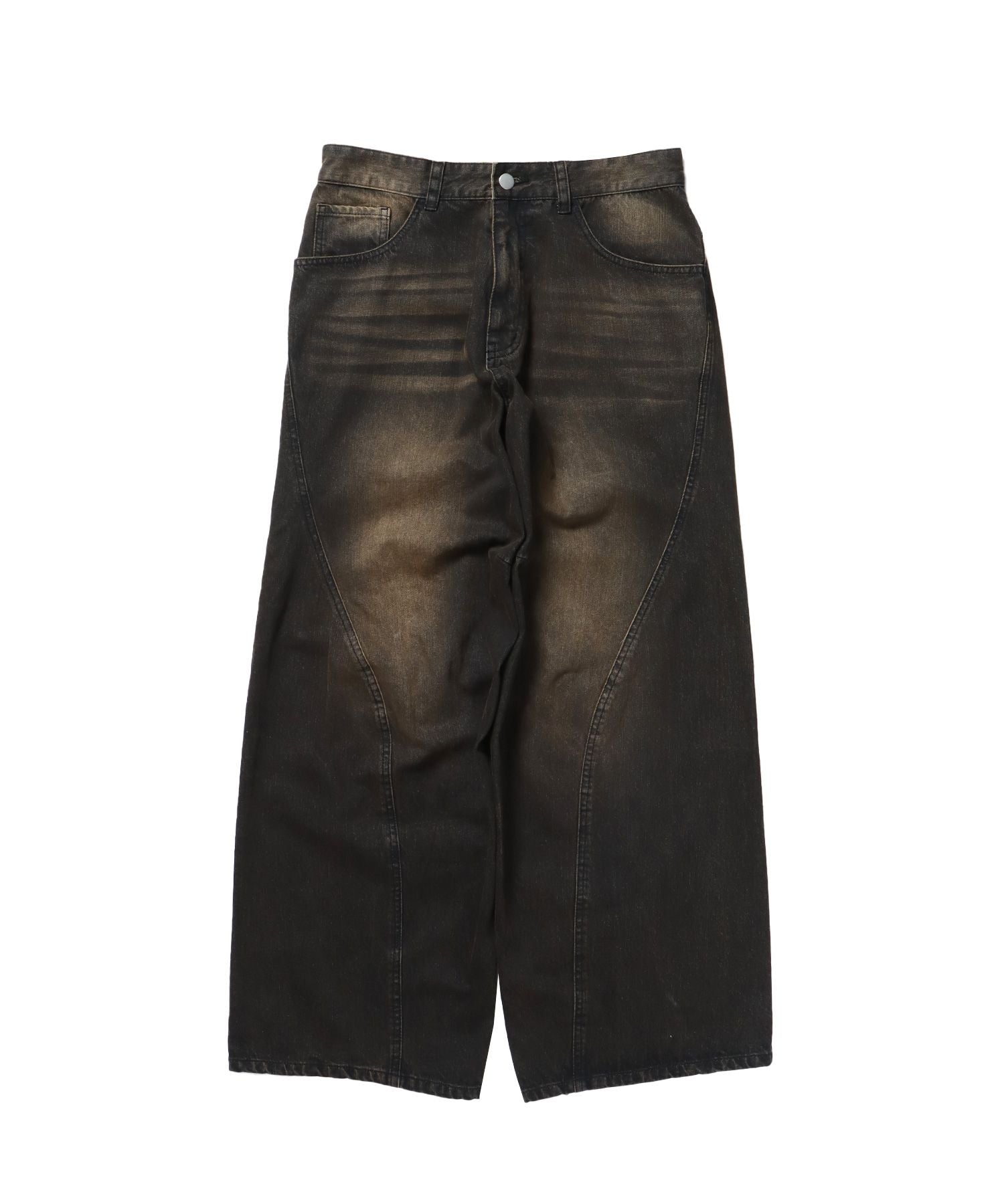 【SEQUENZ(シークエンズ)】sqnz washed curve denim pants / カーブデニム ワイドパンツ ヴィンテージライク ブラウン