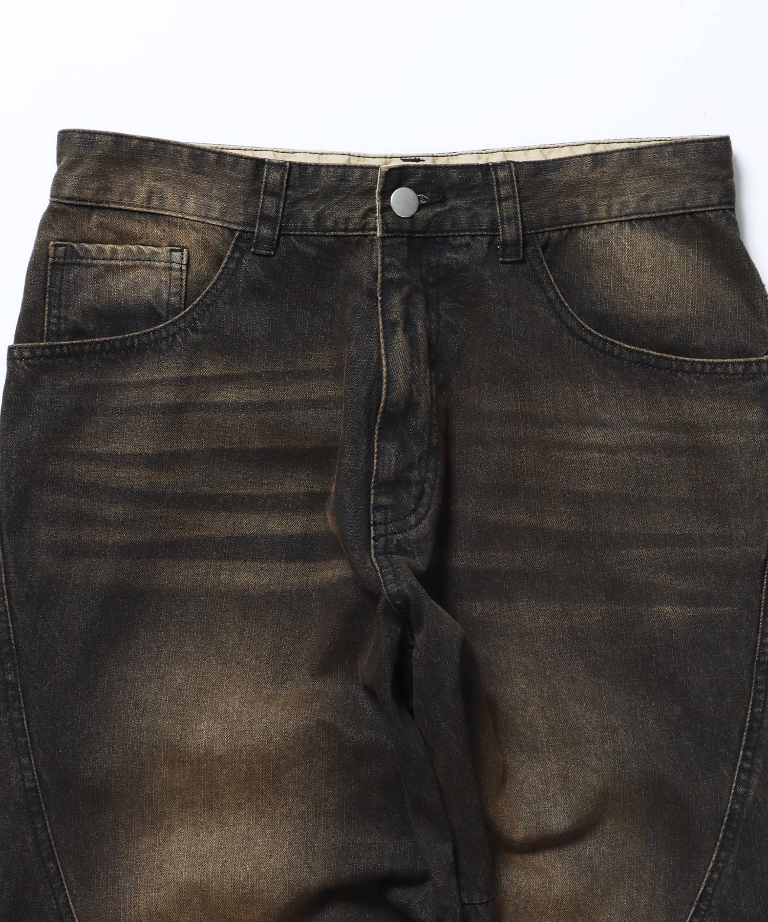 sqnz twist drape denim pants / ツイストドレープデニム カーブデニム ワイドパンツ ヴィンテージライク オーバーダイ≪SET UP着用可能≫