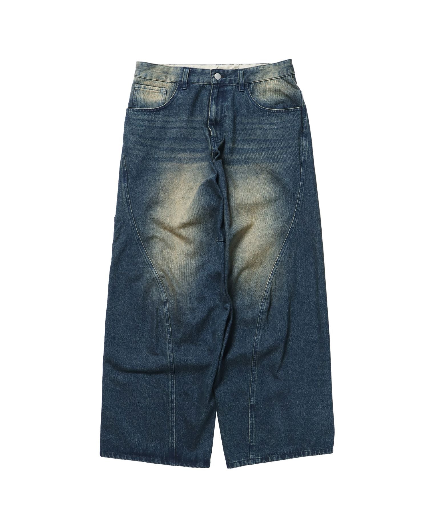 【SEQUENZ(シークエンズ)】sqnz washed curve denim pants / カーブデニム ワイドパンツ ヴィンテージライク ブルー