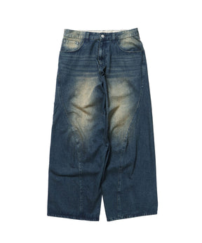 sqnz washed curve denim pants / カーブデニム ワイドパンツ ヴィンテージライク オーバーダイ ブルー ≪SET UP着用可能≫