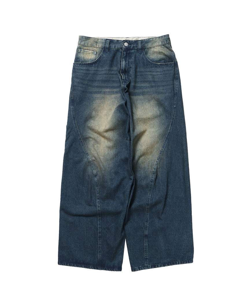 【SEQUENZ(シークエンズ)】sqnz washed curve denim pants / カーブデニム ワイドパンツ ヴィンテージライク ブルー