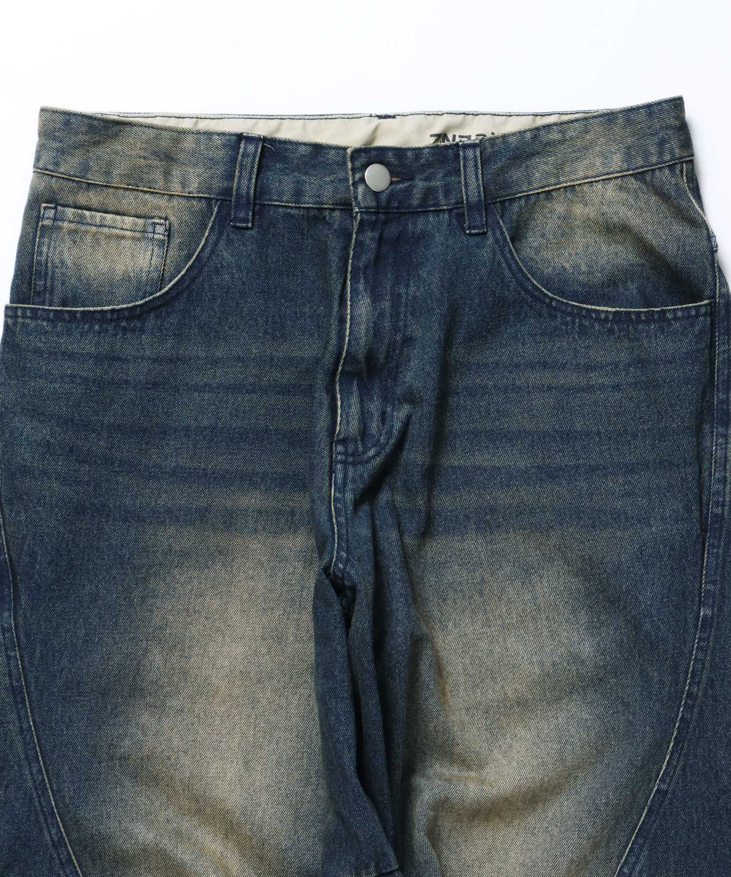 sqnz washed curve denim pants / カーブデニム ワイドパンツ ヴィンテージライク オーバーダイ ブルー ≪SET UP着用可能≫