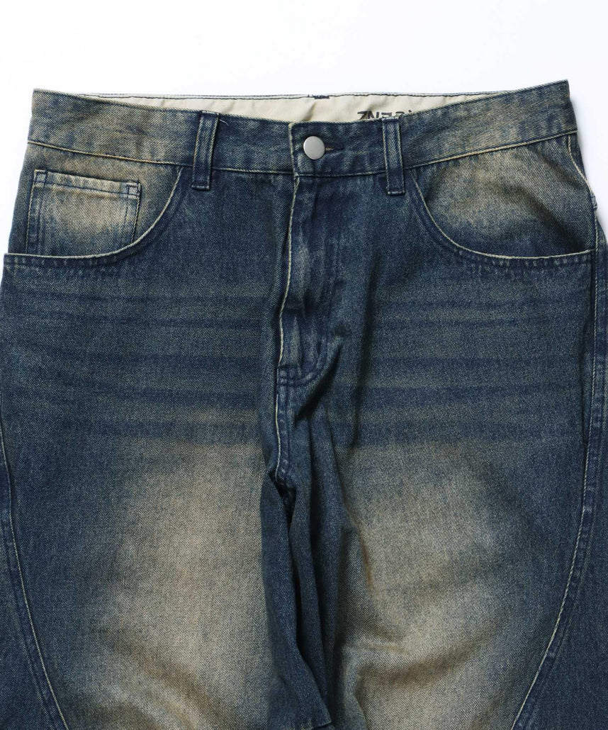 sqnz washed curve denim pants / カーブデニム ワイドパンツ ヴィンテージライク オーバーダイ ブルー ≪SET UP着用可能≫
