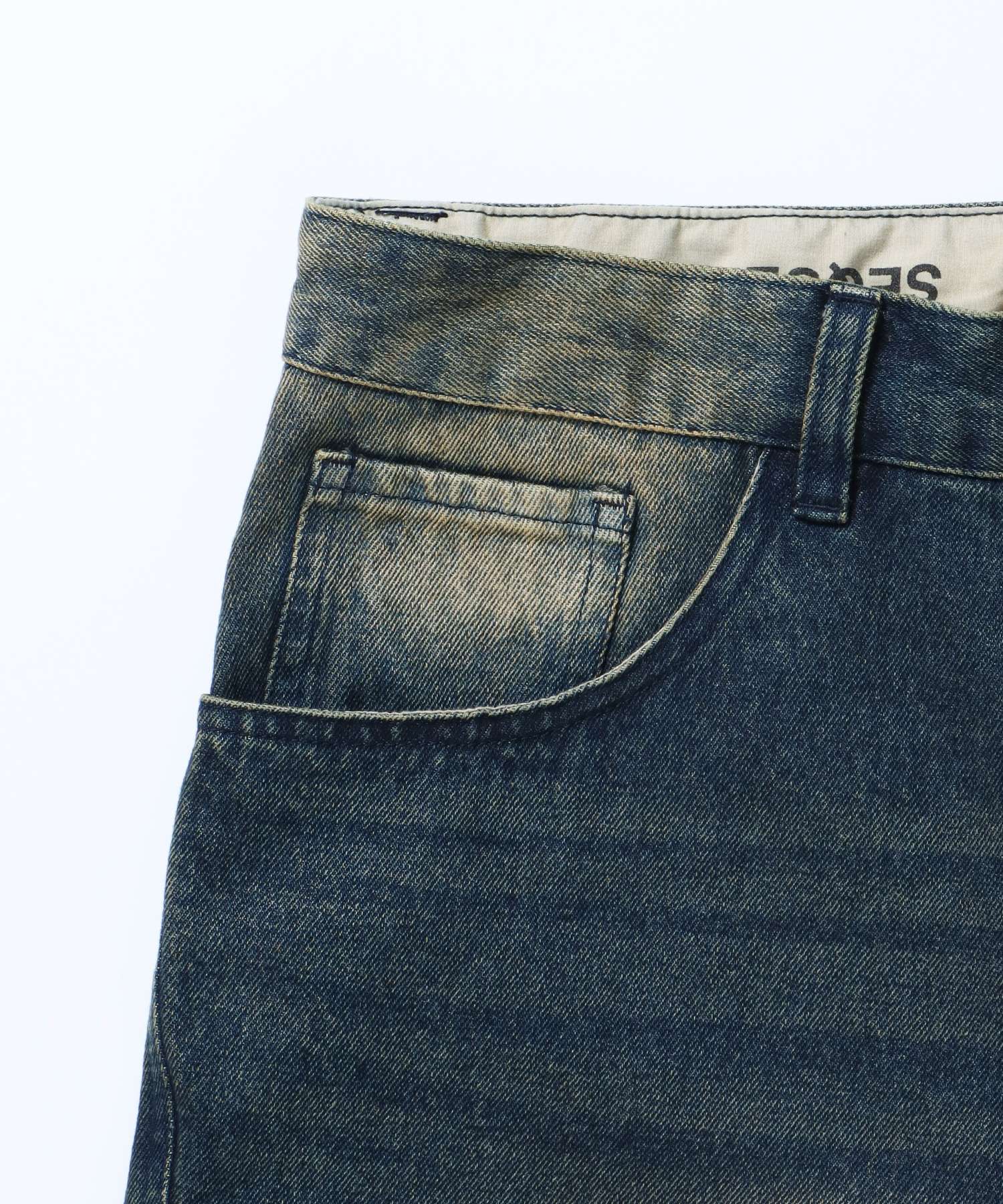 sqnz washed curve denim pants / カーブデニム ワイドパンツ ヴィンテージライク オーバーダイ ブルー ≪SET UP着用可能≫