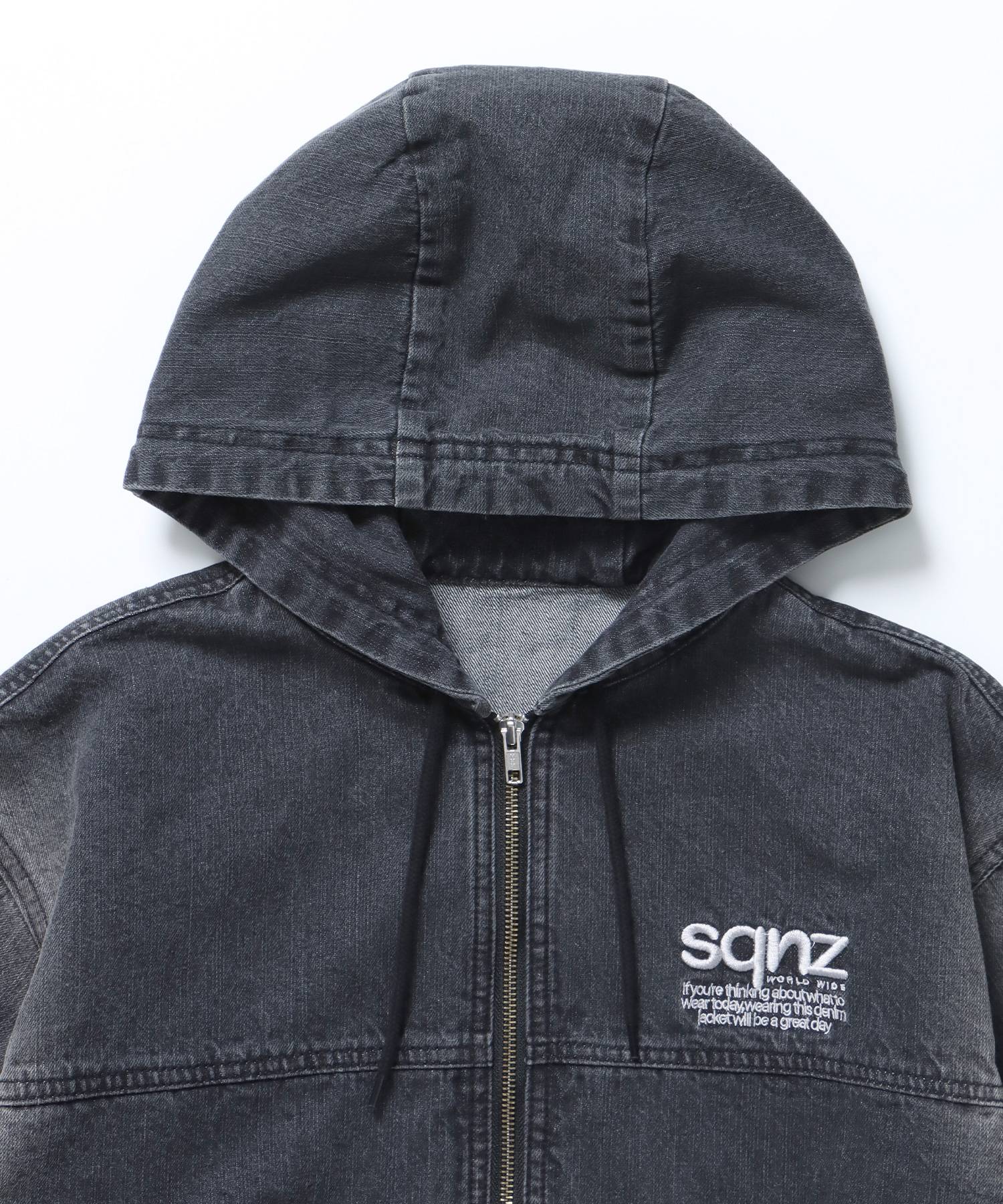 sqnz washed denim jacket / ジップパーカー フルジップ ヴィンテージライク フード オーバーダイ ブラック ≪SET UP着用可能≫