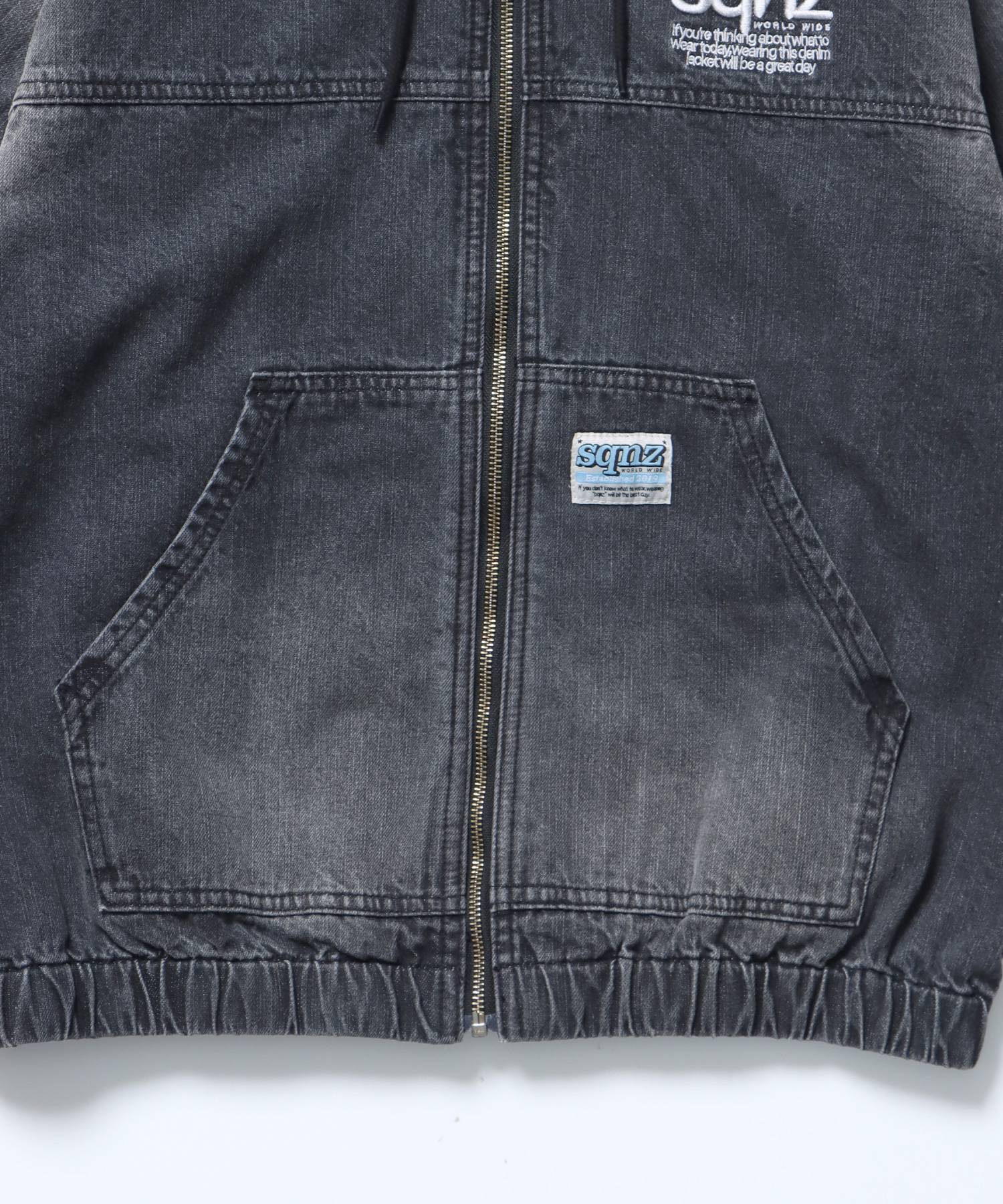 sqnz washed denim jacket / ジップパーカー フルジップ ヴィンテージライク フード オーバーダイ ブラック ≪SET UP着用可能≫