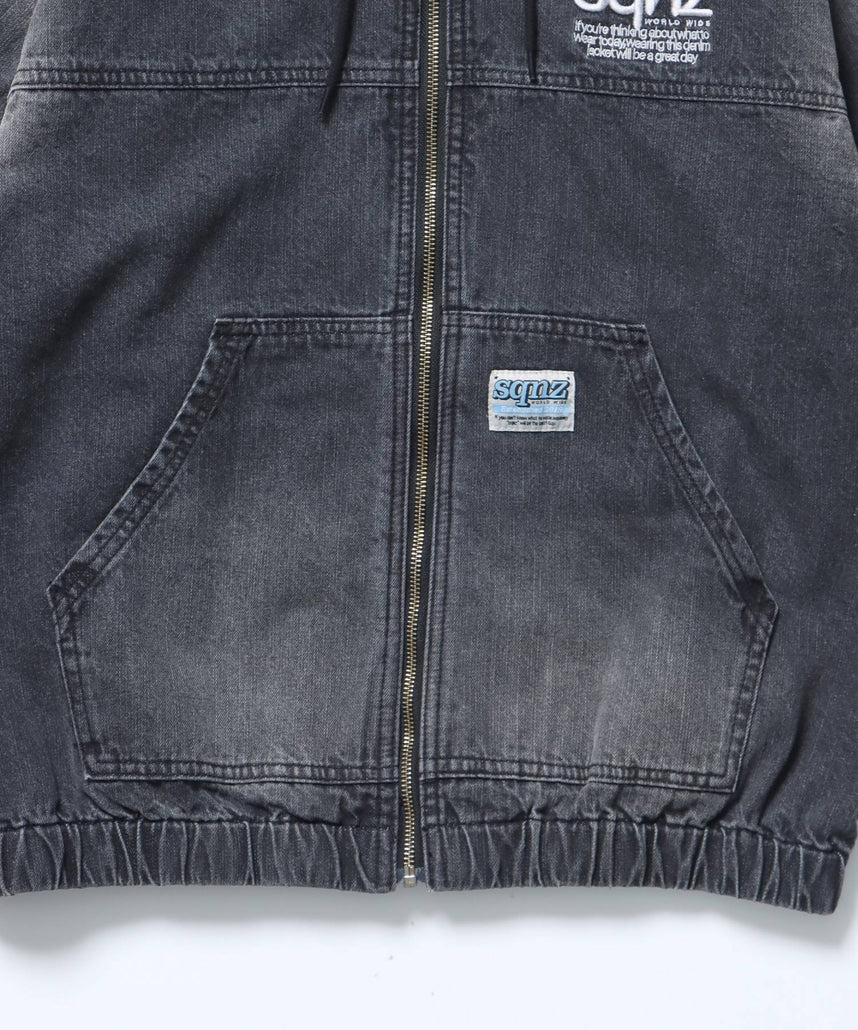 sqnz washed denim jacket / ジップパーカー フルジップ ヴィンテージライク フード オーバーダイ ブラック ≪SET UP着用可能≫