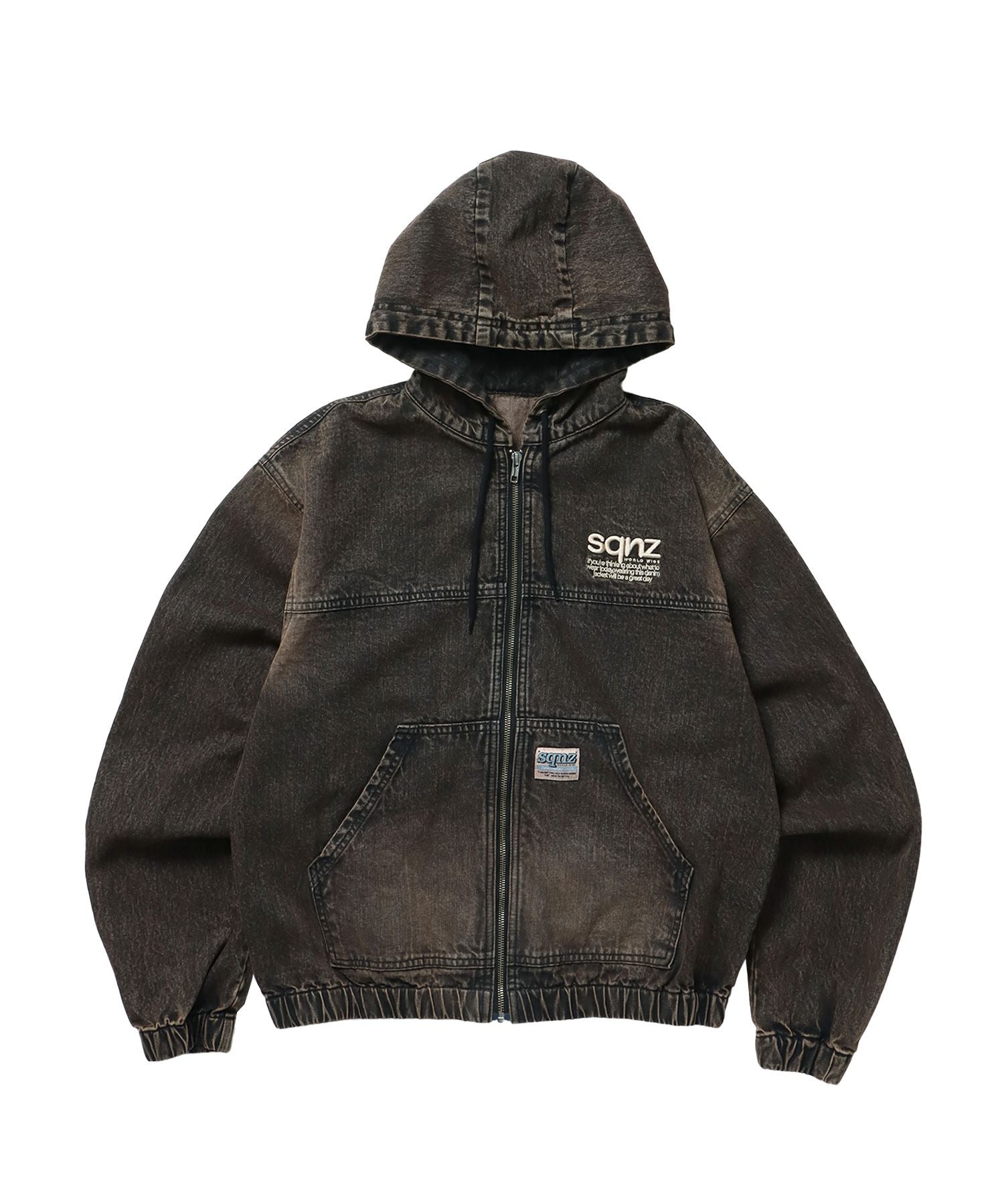 【SEQUENZ(シークエンズ)】sqnz washed wappen zip p/k / フルジップ オーバーサイズ ヴィンテージライク フード ブラウン