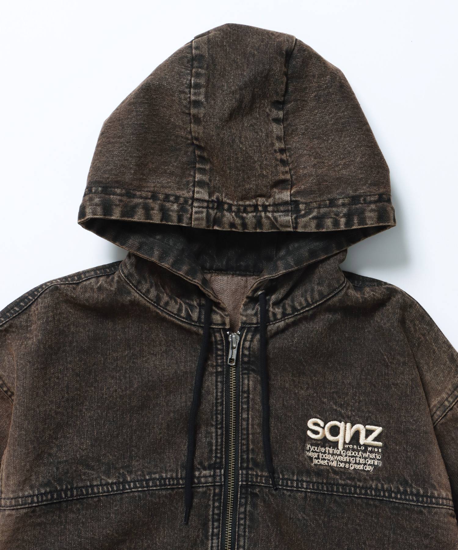 sqnz washed denim jacket / ジップパーカー フルジップ ヴィンテージライク フード オーバーダイ ブラウン ≪SET UP着用可能≫