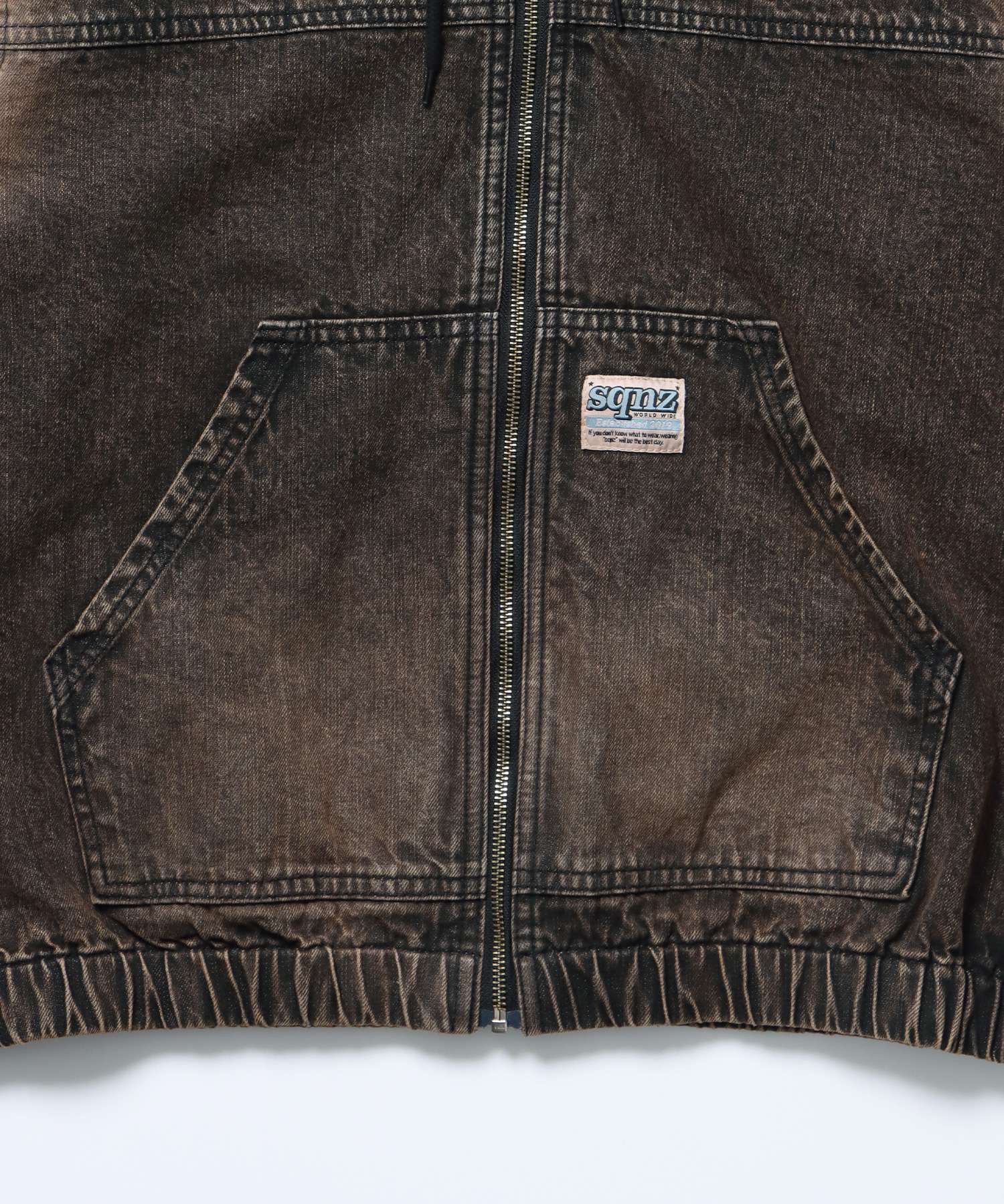 sqnz washed denim jacket / ジップパーカー フルジップ ヴィンテージライク フード オーバーダイ ブラウン ≪SET UP着用可能≫
