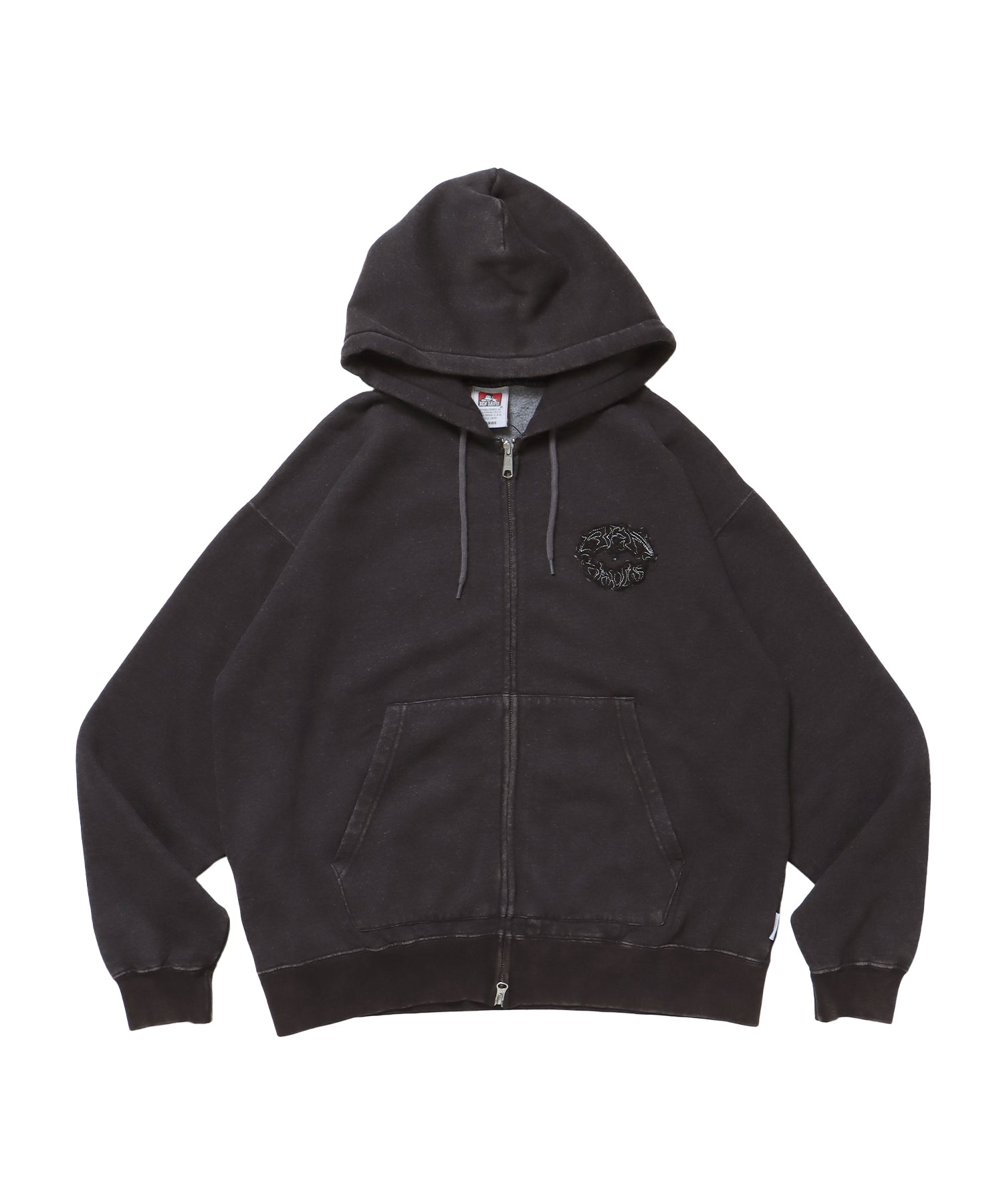 PATCHING BLEACH ZIP HOODIE / 加工 ジップパーカー ワッペン フーディ 裏起毛 ブラック