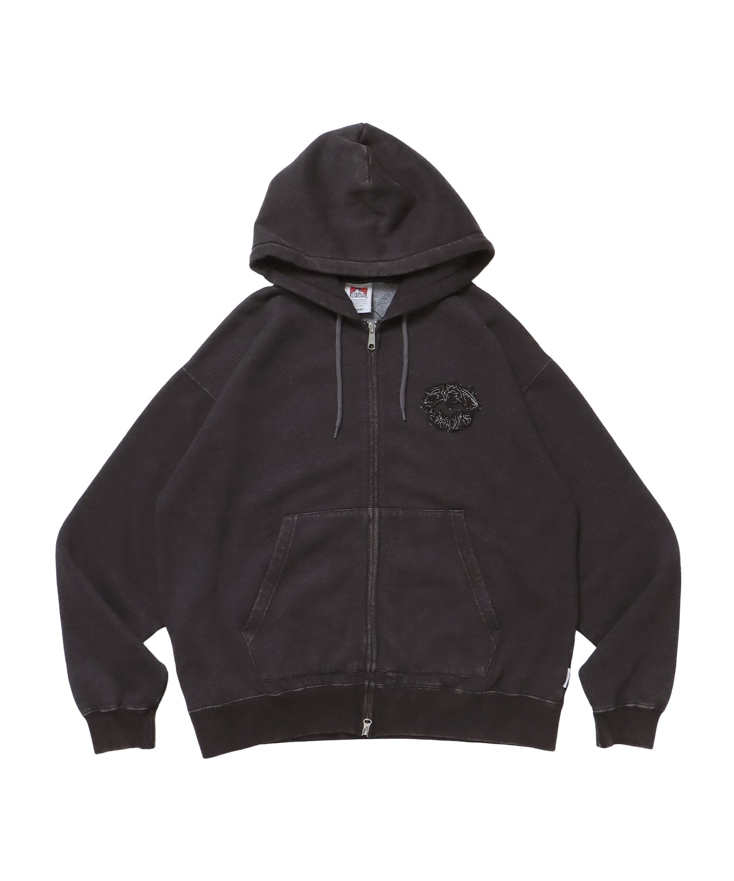 PATCHING BLEACH ZIP HOODIE / 加工 ジップパーカー ワッペン フーディ 裏起毛 ブラック