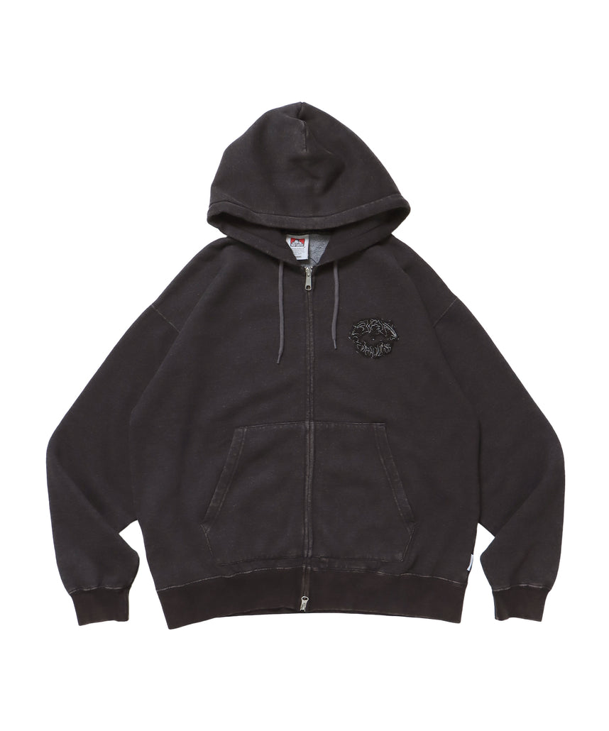 PATCHING BLEACH ZIP HOODIE / 加工 ジップパーカー ワッペン フーディ 裏起毛 ブラック