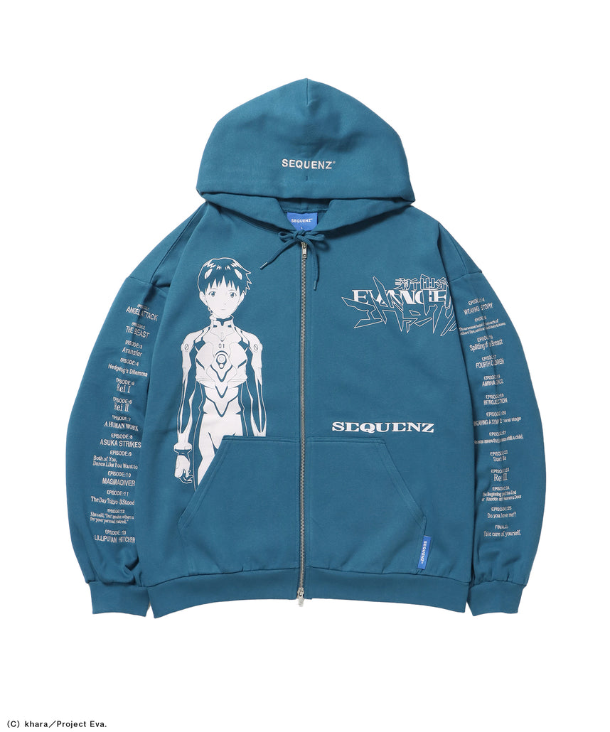 EVA CHARCTER ZIP PK / オーバーサイズ ビッグシルエット ジップパーカー 刺繍 プリント フーディ 裏起毛 ユニセックス グリーン