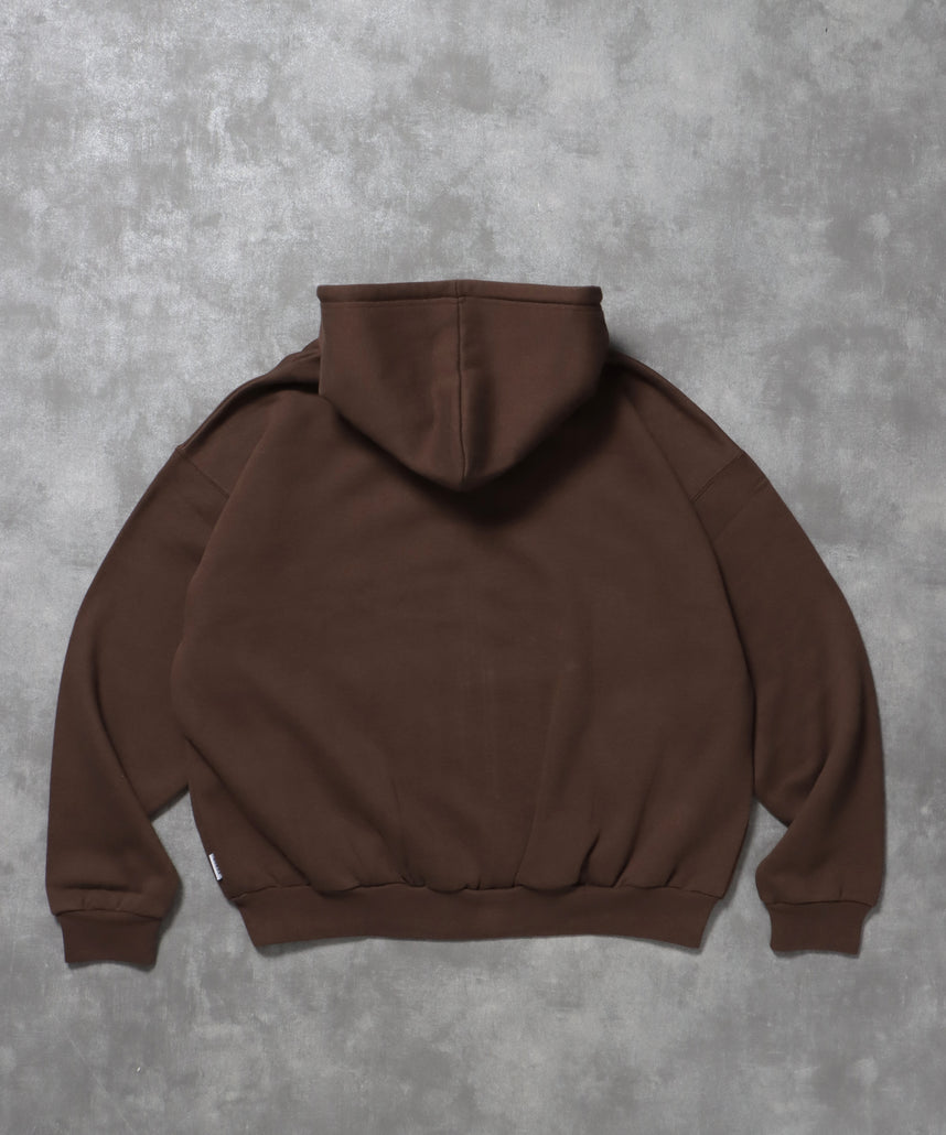 ヘビーウエイトワンポイントロゴジップパーカー / パーカー 裏起毛 ジップ 刺繍 ロゴ フーディ ダブルジップ ブラウン