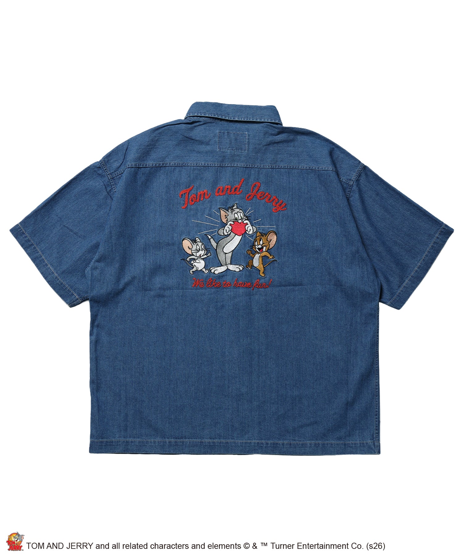 TJ EMB. DENIM SHIRTS / トムとジェリー シャツ オーバーサイズ 半袖 刺繍 ワンポイント プリント デニム ユニセックス 加工 ネイビー