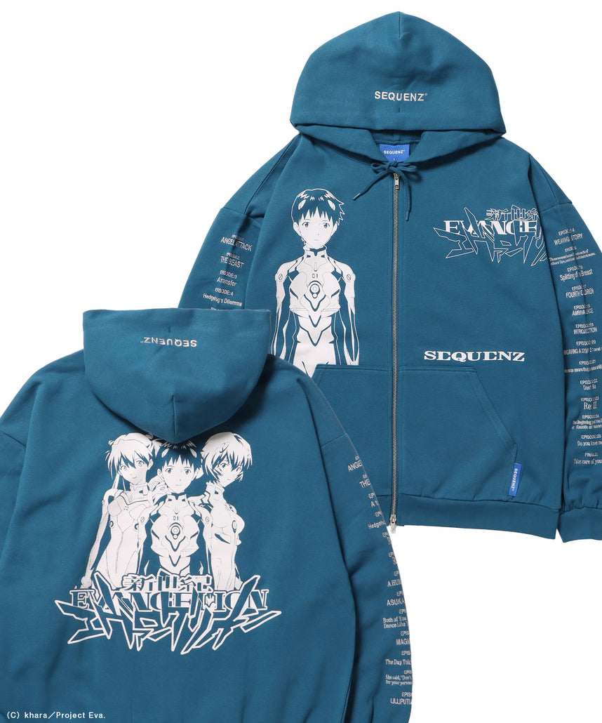 EVA CHARCTER ZIP PK / オーバーサイズ ビッグシルエット ジップパーカー 刺繍 プリント フーディ 裏起毛 ユニセックス グリーン