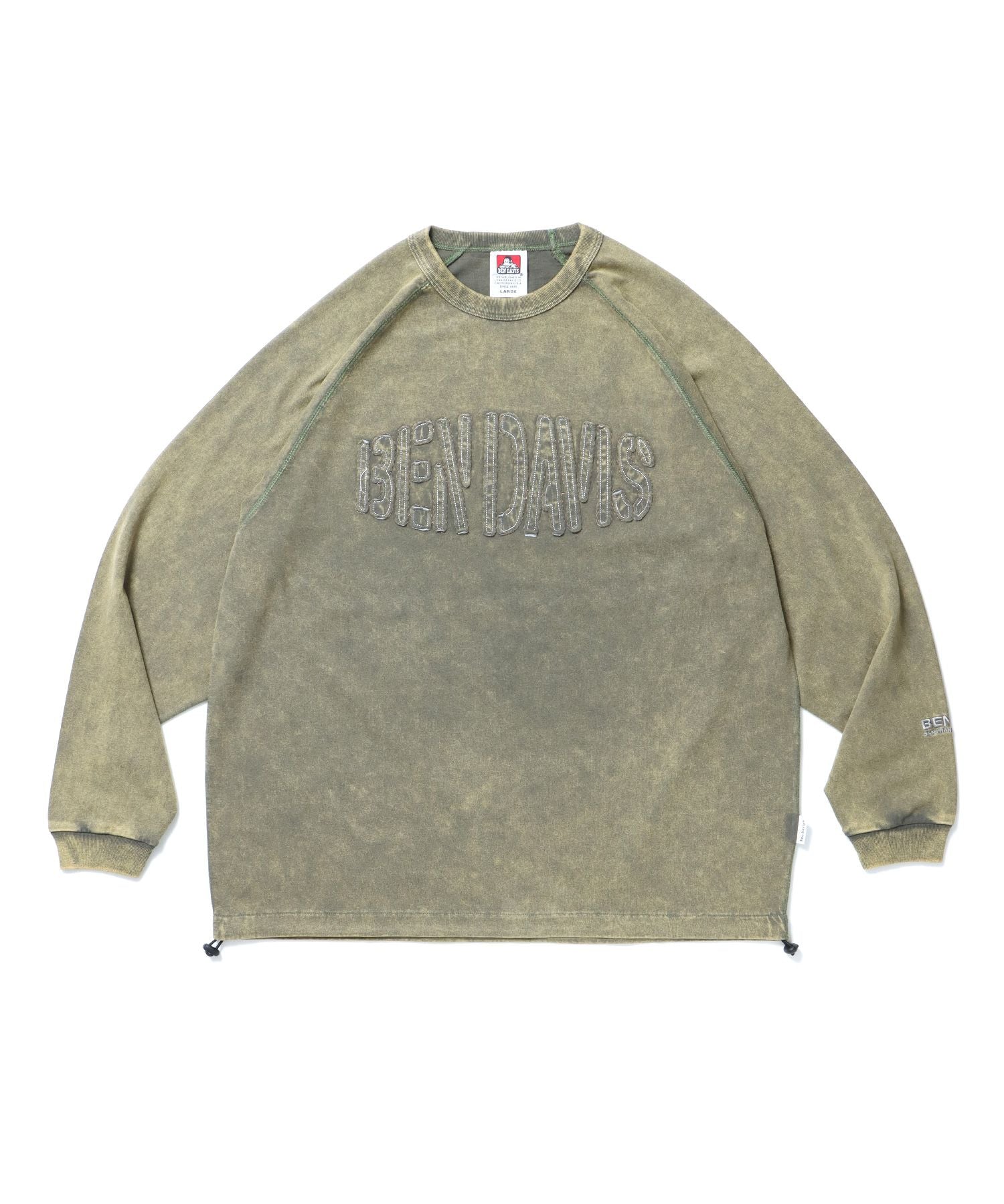 【BEN DAVIS(ベンデイビス)】PATCHWORK LOGO RAGLAN TOP / クルーネック 長袖 刺繍 オーバーサイズ ドローコード オリーブ