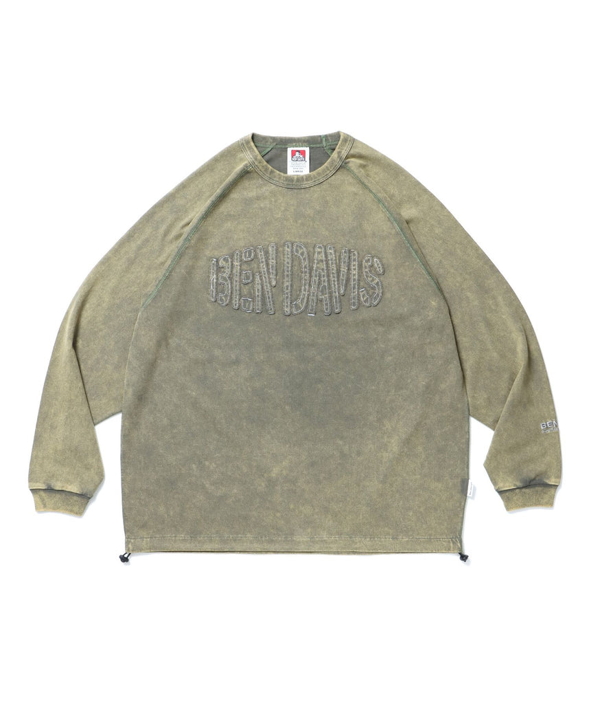 【BEN DAVIS(ベンデイビス)】PATCHWORK LOGO RAGLAN TOP / クルーネック 長袖 刺繍 オーバーサイズ ドローコード オリーブ