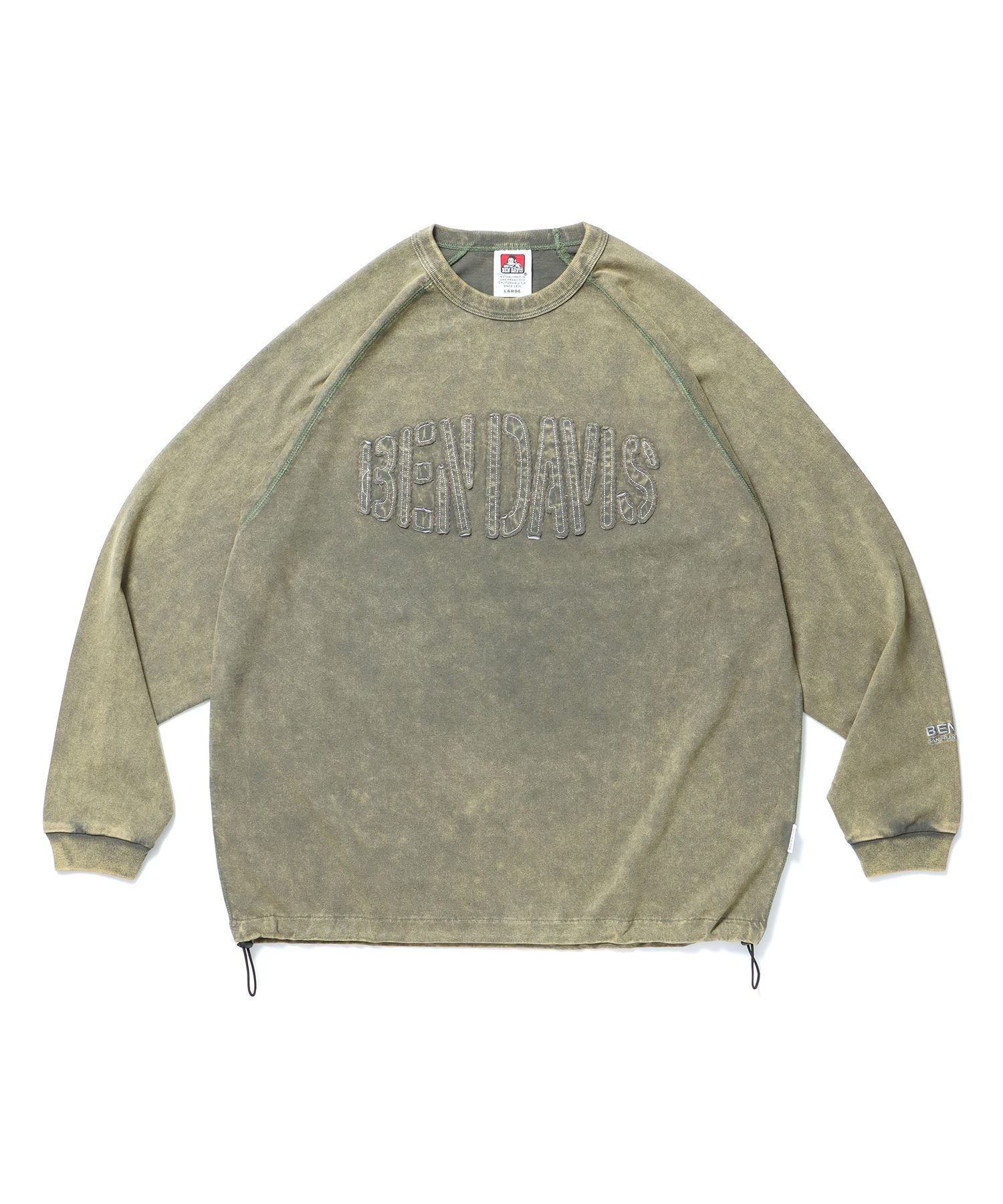 【BEN DAVIS(ベンデイビス)】PATCHWORK LOGO RAGLAN TOP / クルーネック 長袖 刺繍 オーバーサイズ ドローコード オリーブ