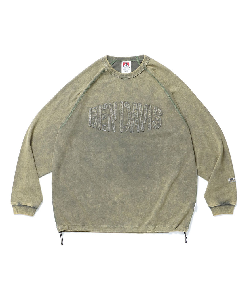 【BEN DAVIS(ベンデイビス)】PATCHWORK LOGO RAGLAN TOP / クルーネック 長袖 刺繍 オーバーサイズ ドローコード オリーブ