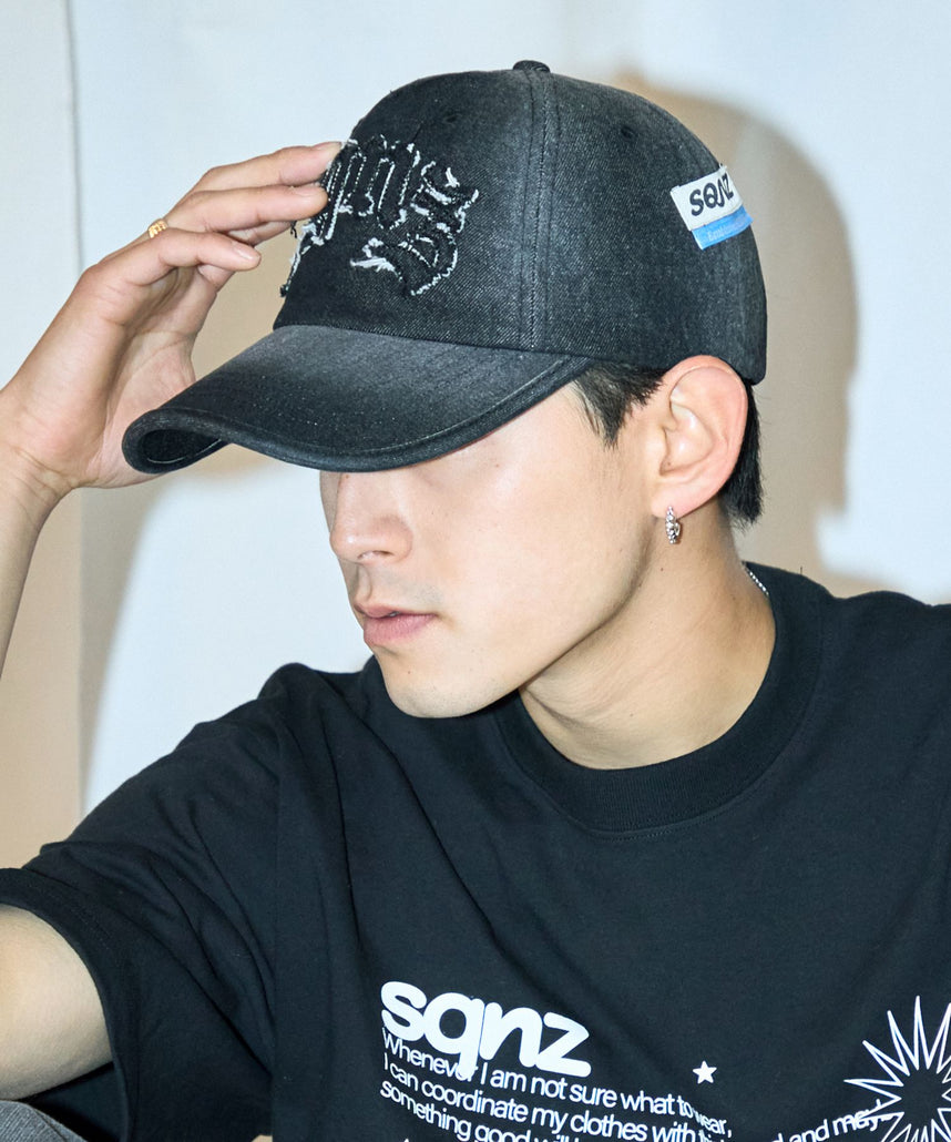 sqnz applique denim cap / キャップ デニム ステッチ 刺繍 ≪サイズ調節可能≫ ブラック
