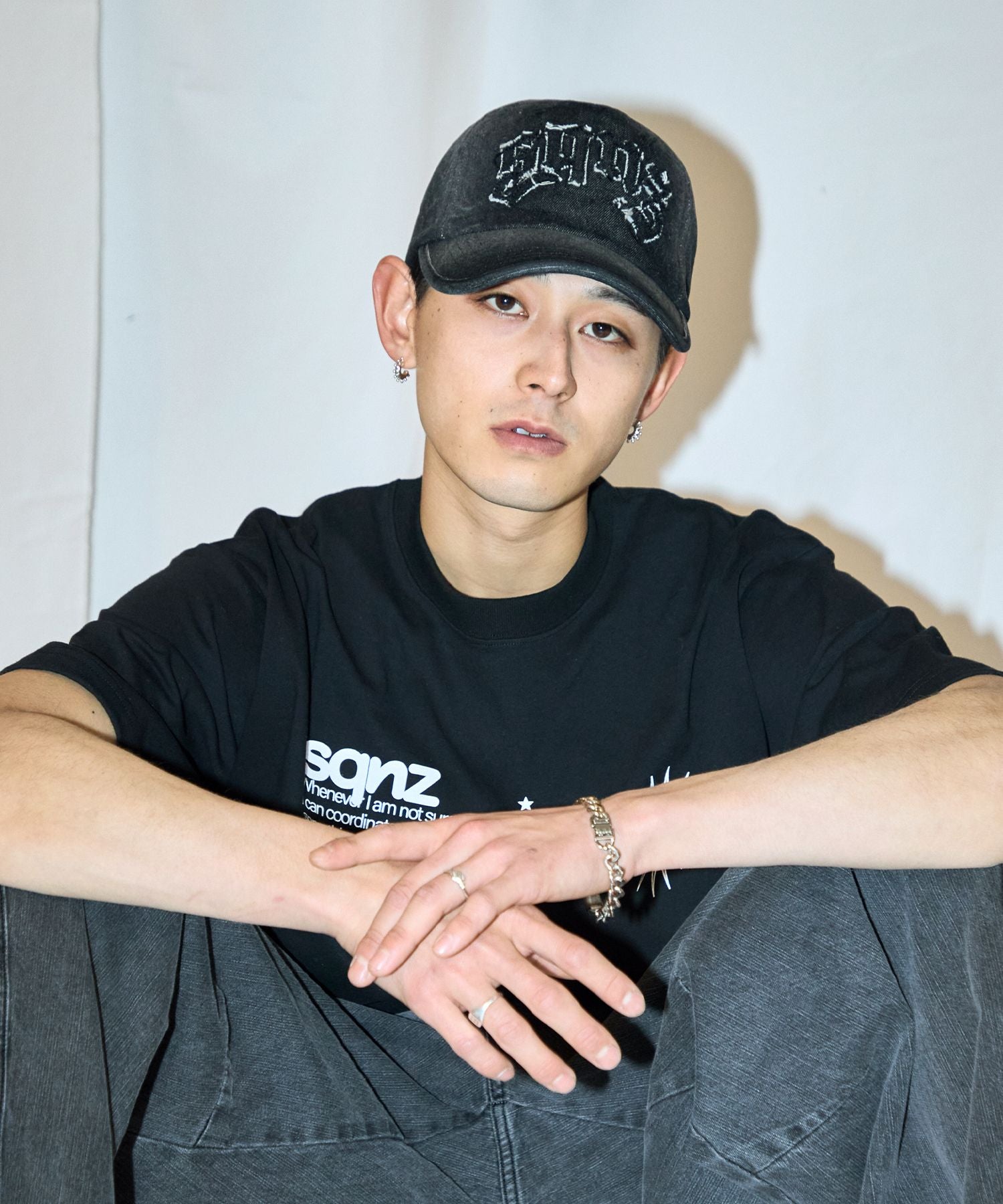 sqnz applique denim cap / キャップ デニム ステッチ 刺繍 ≪サイズ調節可能≫ ブラック