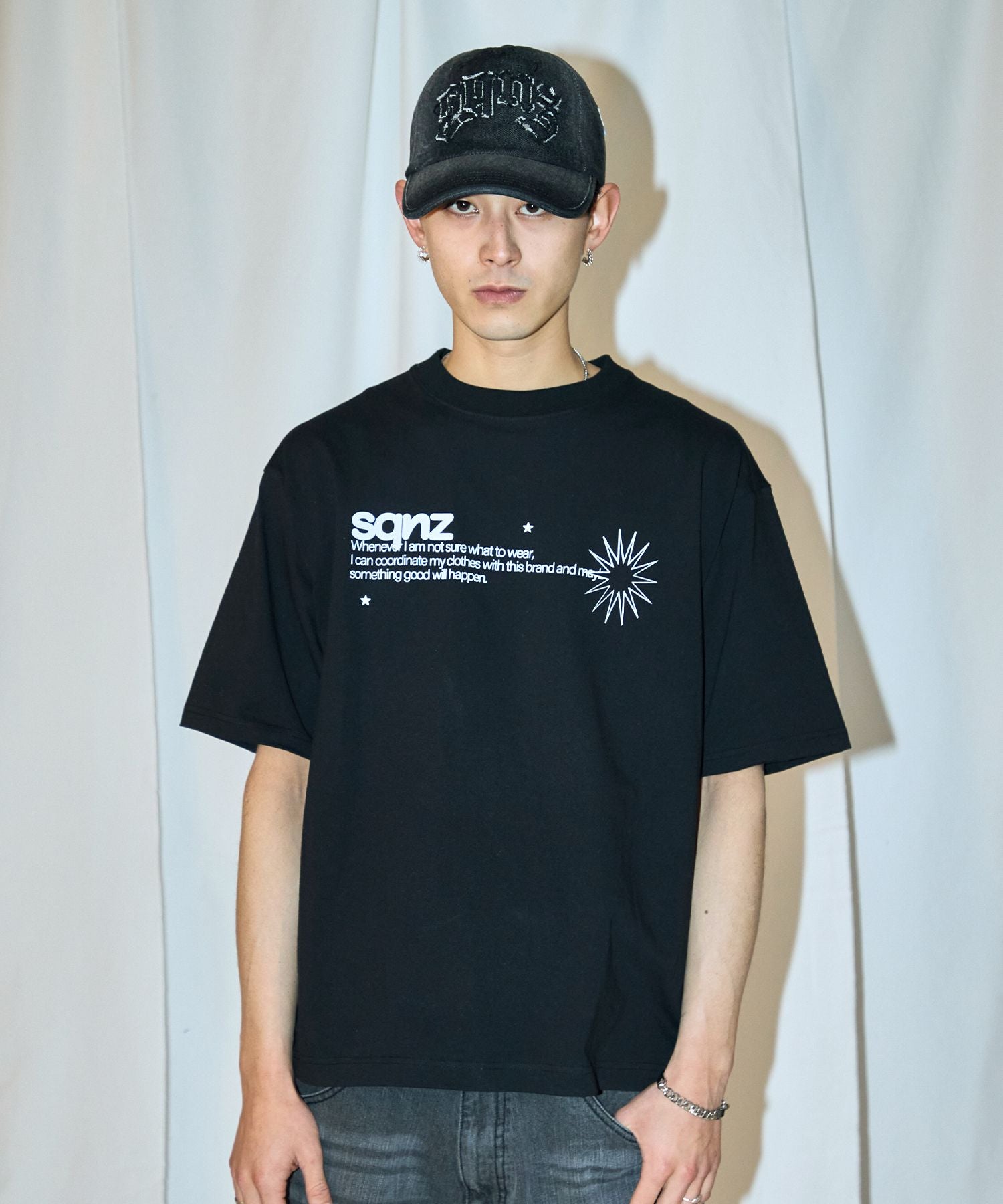 sqnz applique denim cap / キャップ デニム ステッチ 刺繍 ≪サイズ調節可能≫ ブラック