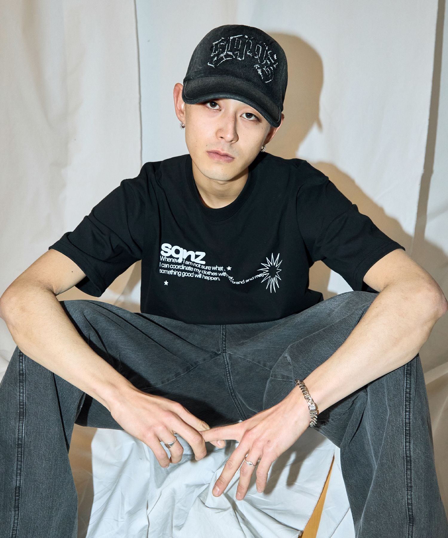 sqnz applique denim cap / キャップ デニム ステッチ 刺繍 ≪サイズ調節可能≫ ブラック