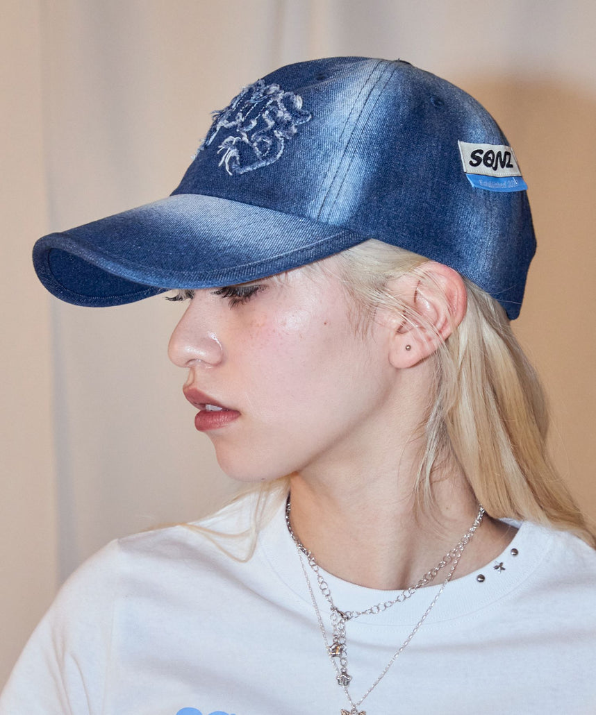 sqnz applique denim cap / キャップ デニム ステッチ 刺繍 ≪サイズ調節可能≫ ネイビー