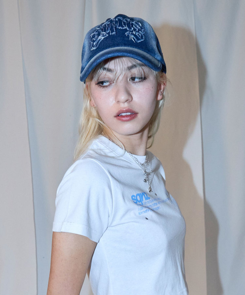 sqnz applique denim cap / キャップ デニム ステッチ 刺繍 ≪サイズ調節可能≫ ネイビー