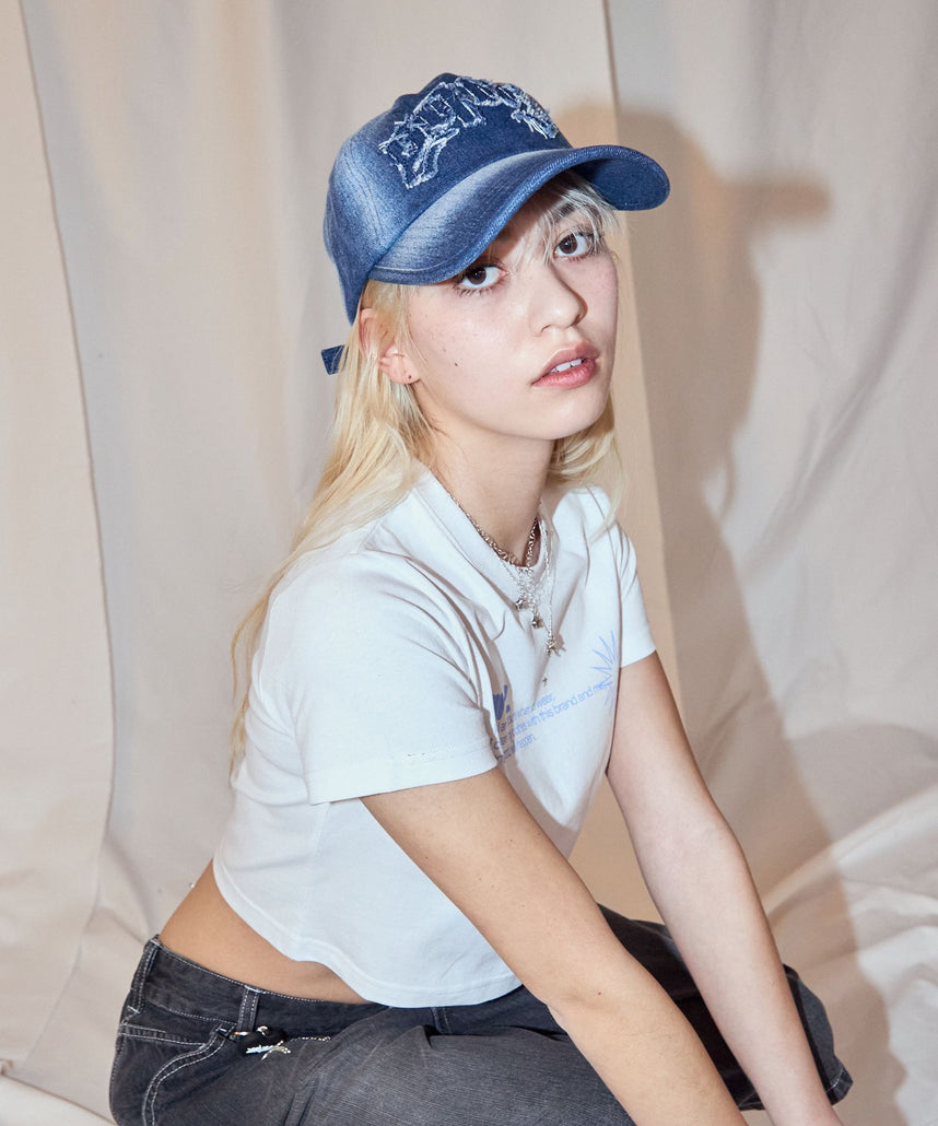 sqnz applique denim cap / キャップ デニム ステッチ 刺繍 ≪サイズ調節可能≫ ネイビー