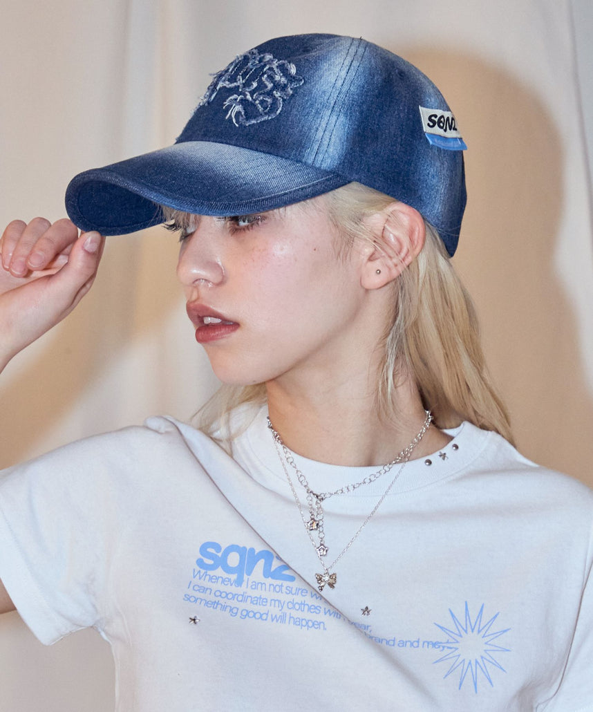 sqnz applique denim cap / キャップ デニム ステッチ 刺繍 ≪サイズ調節可能≫ ネイビー