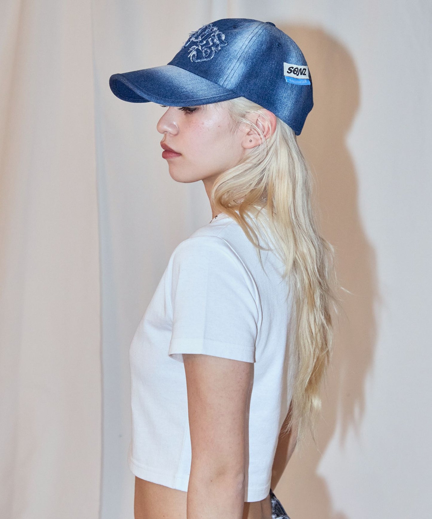 sqnz applique denim cap / キャップ デニム ステッチ 刺繍 ≪サイズ調節可能≫ ネイビー