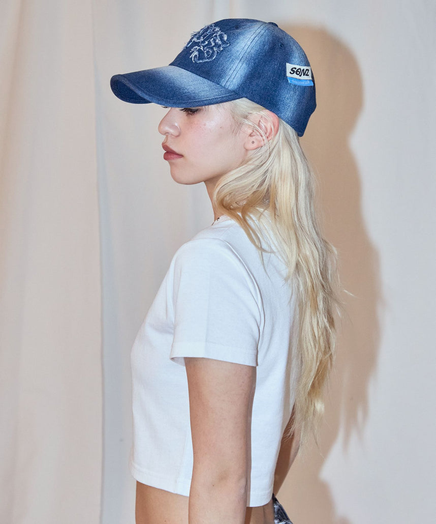 sqnz applique denim cap / キャップ デニム ステッチ 刺繍 ≪サイズ調節可能≫ ネイビー
