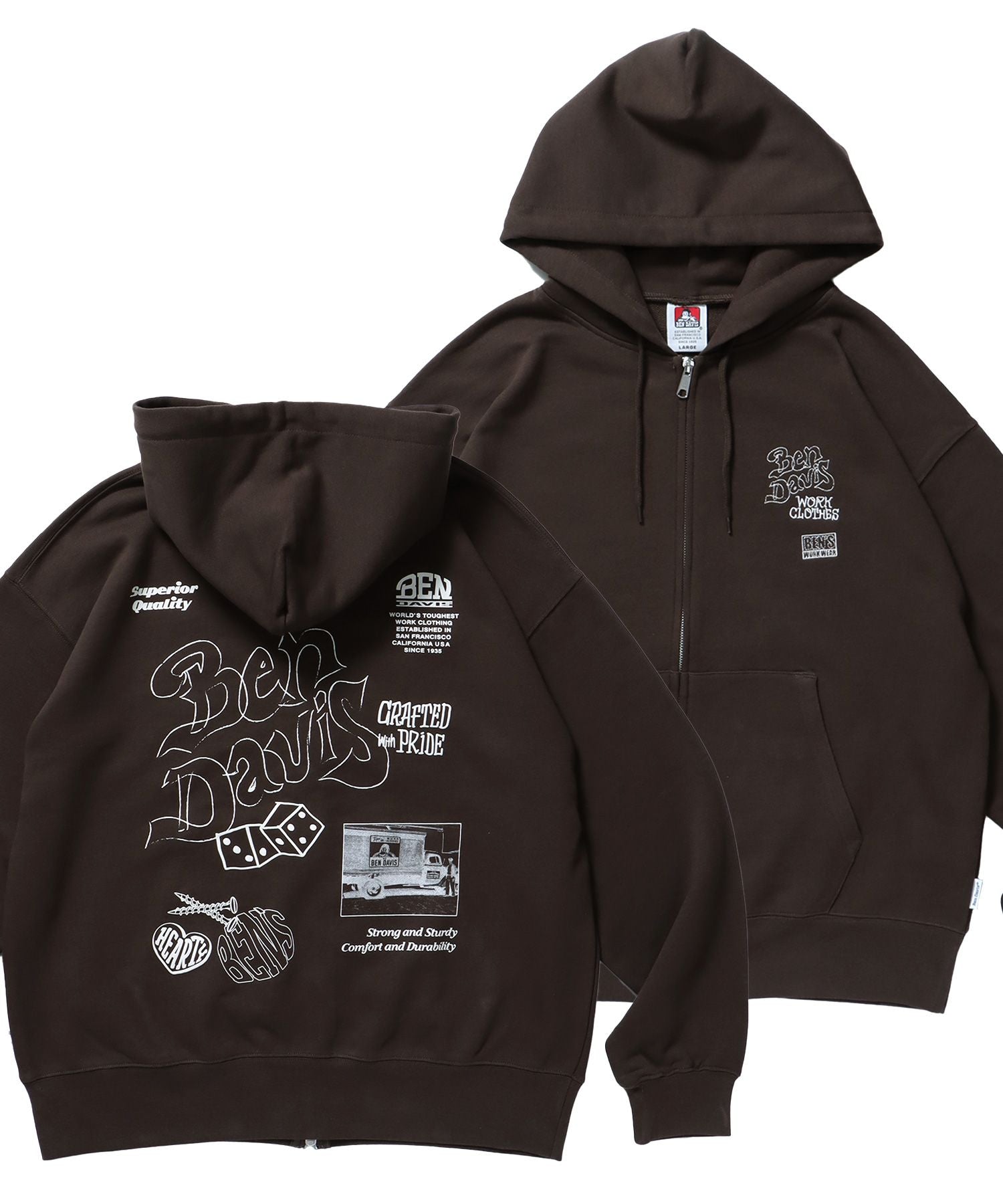 【BEN DAVIS(ベンデイビス)】ROUGH IDEAS ZIP HOODIE / ジップパーカー ワイドシルエット フーディ 裏毛 ダークブラウン