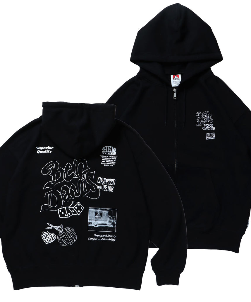 【BEN DAVIS(ベンデイビス)】ROUGH IDEAS ZIP HOODIE / ジップパーカー ワイドシルエット フーディ 裏毛 ブラック