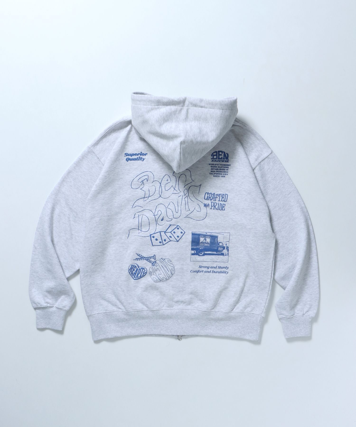 【BEN DAVIS(ベンデイビス)】ROUGH IDEAS ZIP HOODIE / ジップパーカー ワイドシルエット フーディ 裏毛 アッシュグレー