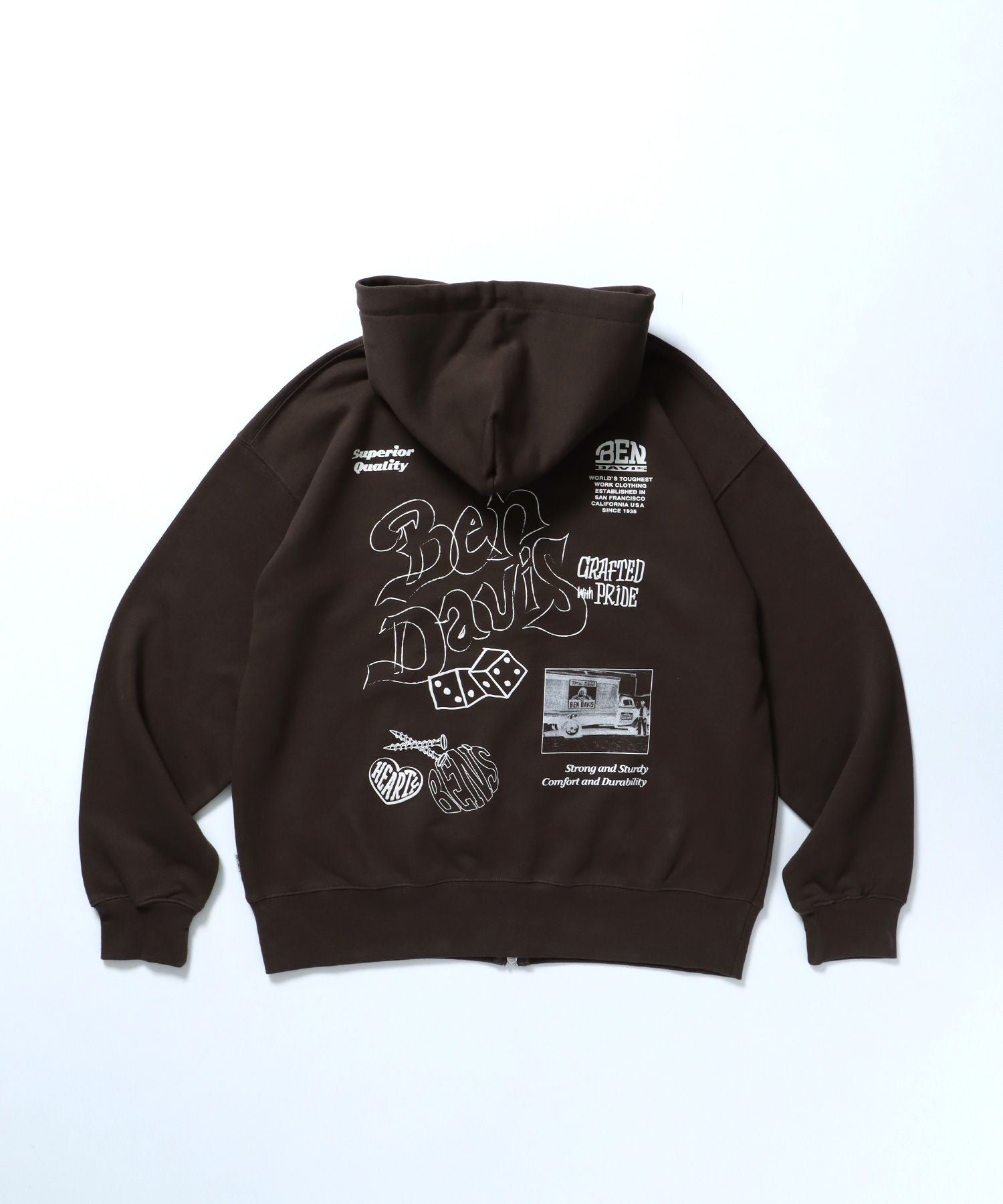 【BEN DAVIS(ベンデイビス)】ROUGH IDEAS ZIP HOODIE / ジップパーカー ワイドシルエット フーディ 裏毛 ダークブラウン