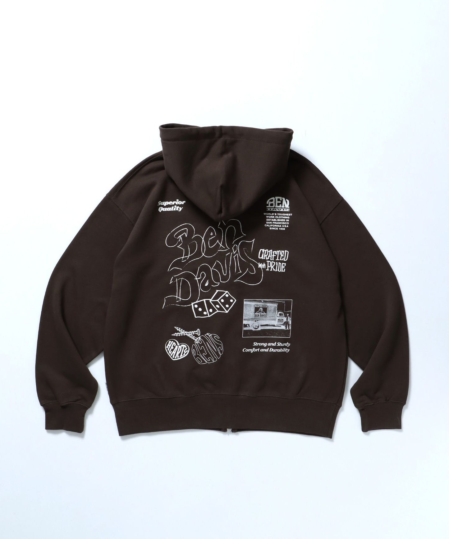 【BEN DAVIS(ベンデイビス)】ROUGH IDEAS ZIP HOODIE / ジップパーカー ワイドシルエット フーディ 裏毛 ダークブラウン