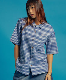 SQNZ APPLIQUE CHECK SHIRTS / シャツ ショート丈 チェック 半袖 刺繍 ブルー