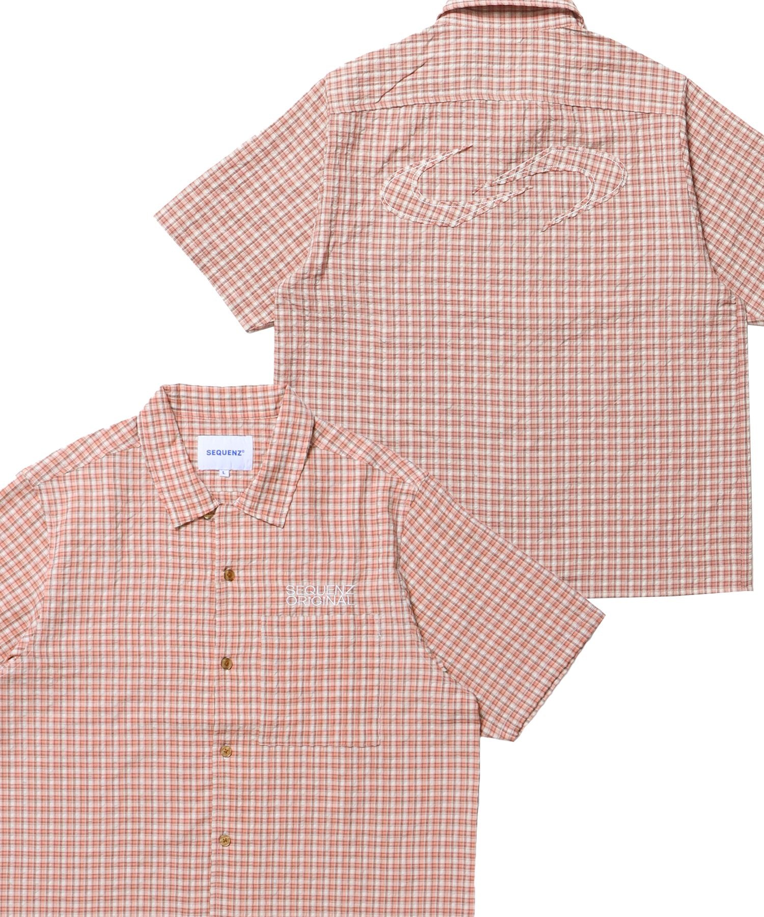 【SEQUENZ(シークエンズ)】SQNZ APPLIQUE CHECK SHIRTS / シャツ チェック 半袖 レギュラーカラー 刺繍 ピンク