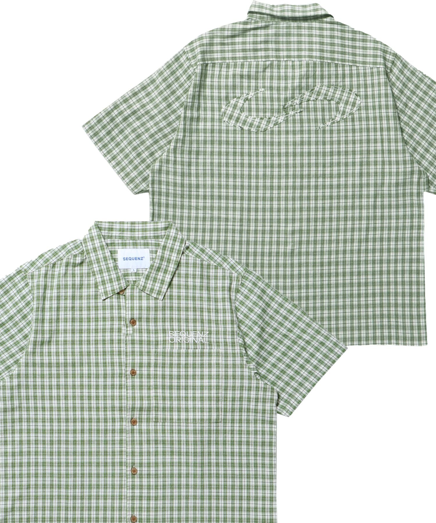 【SEQUENZ(シークエンズ)】SQNZ APPLIQUE CHECK SHIRTS / シャツ チェック 半袖 レギュラーカラー 刺繍 グリーン