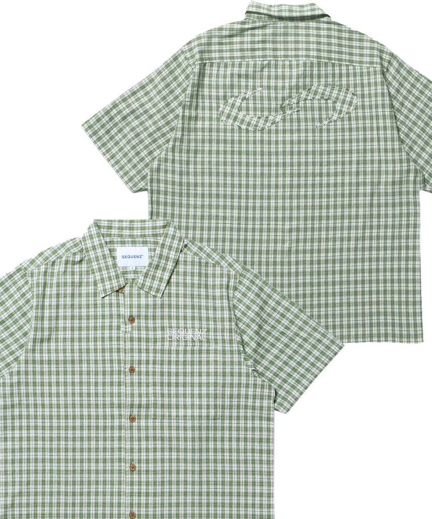 【SEQUENZ(シークエンズ)】SQNZ APPLIQUE CHECK SHIRTS / シャツ チェック 半袖 レギュラーカラー 刺繍 グリーン